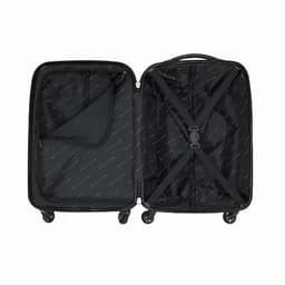 An open black suitcase featuring internal straps and compartments, with a smooth interior lining.