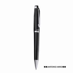 A black pen with a silver clip and tip, featuring a branding logo on the barrel.