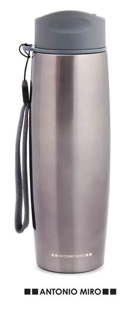 A drink bottle with a stainless steel finish, grey lid, and a black strap for easy carrying. It features a logo.