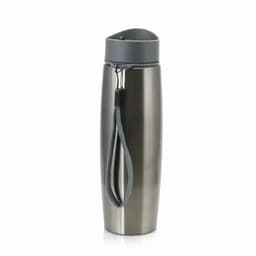 A drink bottle in a sleek metallic finish with a grey lid and a carrying strap. It features a logo.
