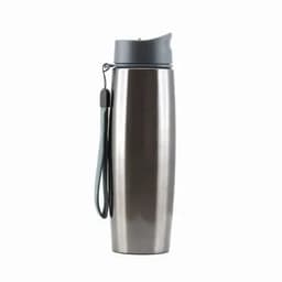 A drink bottle with a sleek stainless steel finish, grey lid, and a wrist strap. It features a logo on the side.