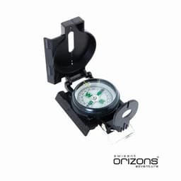A compass with a black casing and a clear dial featuring cardinal directions. It has a logo on the base.