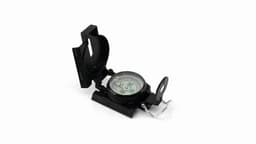 A compass in black casing, with a clear face displaying directional markings and a hinged cover.