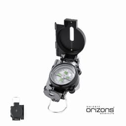 A compass with a black casing and a transparent cover, featuring a directional needle and a logo.