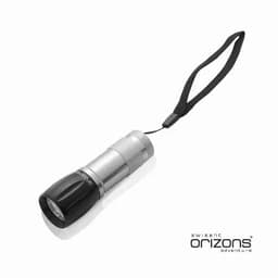 A compact torch with a black and silver design, featuring a wrist strap and a circular light output.