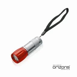 A torch featuring a red head and silver body, with a wrist strap attached, and a logo on the side.
