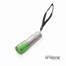 A green and silver flashlight with a wrist strap and a logo on the base.
