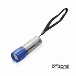 A compact blue and silver flashlight with a wrist strap and a textured grip. It features a logo on the body.
