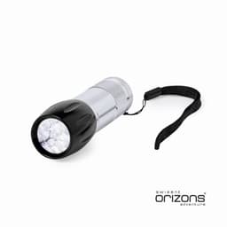 A torch with a black and silver design, featuring multiple bright LED lights and a wrist strap.