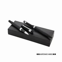 A set of three sleek black pens with silver accents, housed in a stylish black box featuring a logo.
