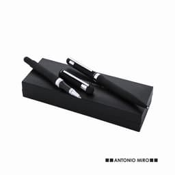 A black pen set including a rollerball pen and a ballpoint pen in a sleek black gift box, featuring a logo.