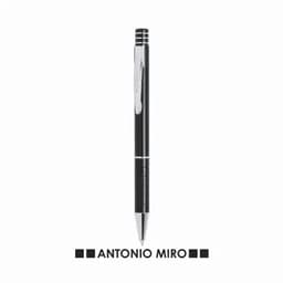 A black pen with a silver clip and accents, featuring a unique design and branding.