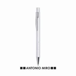 A silver ballpoint pen with a sleek design and a clip, featuring a logo.