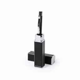 A pen holder in a black and silver design, featuring a stylish pen inserted at the top.