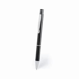 A black pen with a silver clip and accents, featuring a smooth design and a retractable tip.