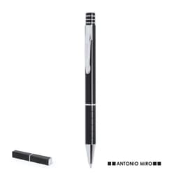 A black pen with silver accents and a clip featuring a branding logo, alongside a small black box.