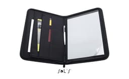 A black microfibre A4 conference folder featuring compartments, a pen, and an included notepad.