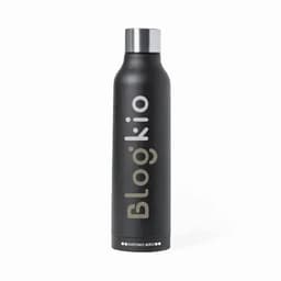 A drink bottle in black with a silver lid and a logo.