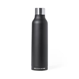 A drink bottle in matte black with a silver cap and a branding logo at the base.