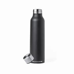 A drink bottle in matte black with a stainless steel cap and a simple branding logo.