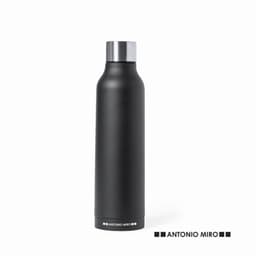 A drink bottle in matte black with a silver cap and a branding logo on the base.