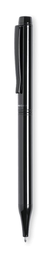 A black ballpoint pen with a sleek design and a clip on the side. It features a shiny finish and a retractable tip.