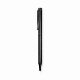 A black retractable ballpoint pen with a sleek design and a clip. It features a glossy finish.
