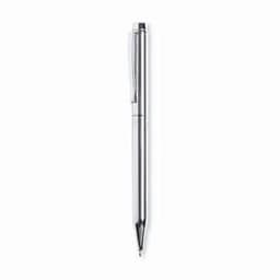 A silver ballpoint pen with a clip, featuring a sleek and minimalist design.