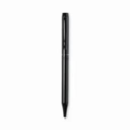 A black pen with a glossy finish and a removable cap. It features a logo on the barrel.