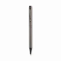 A sleek, silver pen with a smooth surface and capped tip, featuring branding on the body.