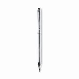 A silver pen with a sleek design, featuring a transparent body and a clip at the top. It has a branding logo.