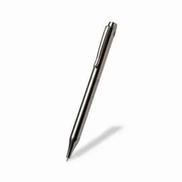 A pen in a sleek metallic finish, featuring a clip and a smooth tip. It has a minimalist design and simple branding.