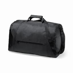 A black duffel bag with a shoulder strap and top handles, featuring a zippered pocket on the front.