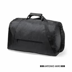 A black duffel bag with a handle and shoulder strap, featuring a zippered pocket on the front and a logo.