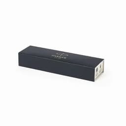 A black box containing a metal pen, featuring a logo on the surface.