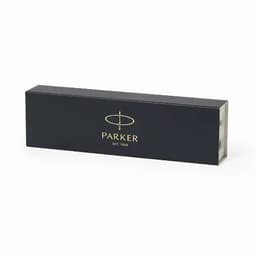 A black and gold gift box with a logo, containing a pen suitable for writing.