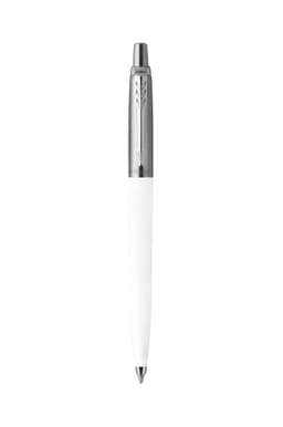 A white ballpoint pen with a shiny silver clip and detailing, featuring a logo on the clip.