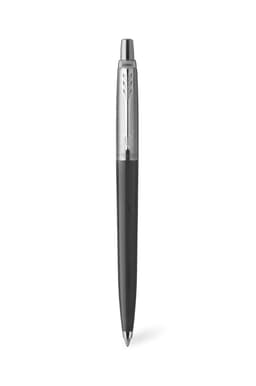 A black pen with a silver clip and a logo on the body, featuring a sleek and modern design.