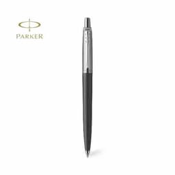A black ballpoint pen with a silver clip and accents, featuring a logo at the top.