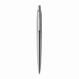 A silver pen with a sleek design and a logo on the side.