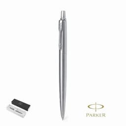 A silver pen with a sleek design, displayed next to its packaging and featuring a logo.