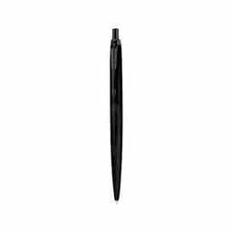 A black pen with a sleek design, featuring a clip and a logo on the barrel.
