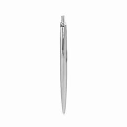 A sleek silver metal pen with a shiny finish, featuring a clip and streamlined design.