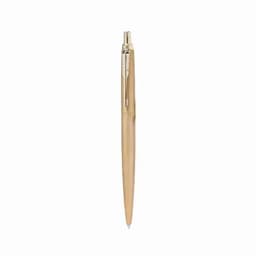 A gold pen with a sleek, tapered design and a clip at the top. It has a logo embossed on the barrel.