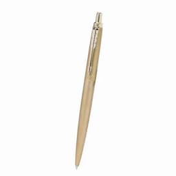 A metallic gold pen with a sleek design and a clip, featuring a branding logo.