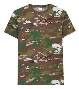 A short-sleeved T-shirt featuring a camouflage pattern in shades of green, brown, and white. It has a simple design.
