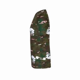 A camo-patterned T-shirt featuring skull designs in white and pink against a green and brown background.