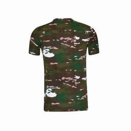 A t-shirt featuring a camouflage pattern in green, brown, and pink tones, displayed from the back.