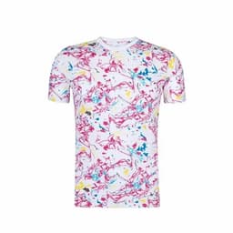 A T-shirt featuring a vibrant, multicoloured abstract pattern on a white background, with a round neckline.