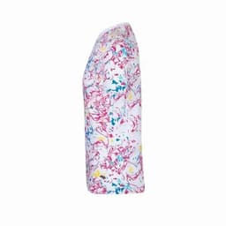 A T-shirt featuring a vibrant, multicoloured abstract pattern predominantly in pink, yellow, and blue.